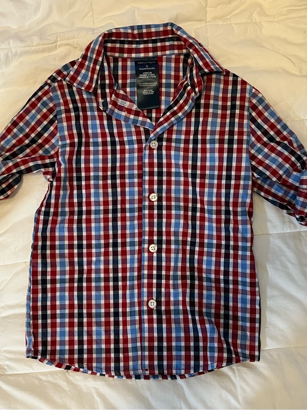 Nautica Men’s Red, Blue & Black Plaid Short-Sleeve Button-Up Shirt